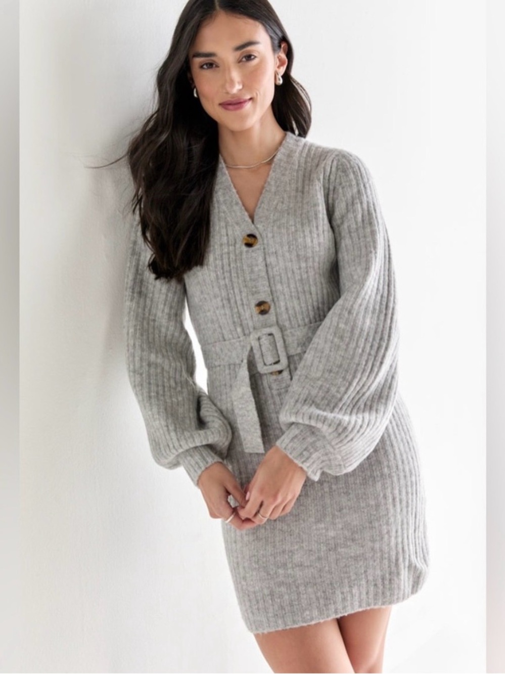 Dance & Marvel Light Gray Ribbed V-Neck Sweater Dress with Belt